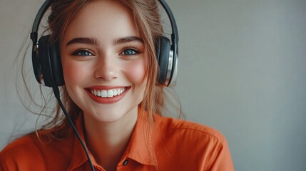 young woman smiling in a call center wearing a headset with a mic using CRM technology to provide customer service telemarketing sales and help desk support in a professional environment
