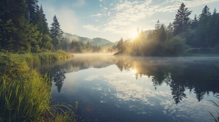 Fototapeta premium Serene Sunrise Over Misty Lake in Peaceful Landscape