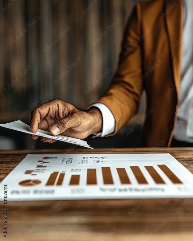 Poster professional man analyzing financial data with charts and graphs on a desk, showcasing business insi