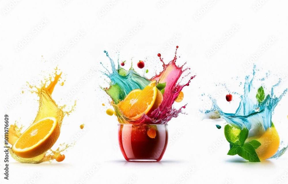 Aufkleber isolated splashes of colorful liquid with fruit and greenery against a white background.