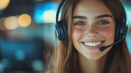 young woman smiling in a call center wearing a headset with a mic using CRM technology to provide customer service telemarketing sales and help desk support in a professional environment
