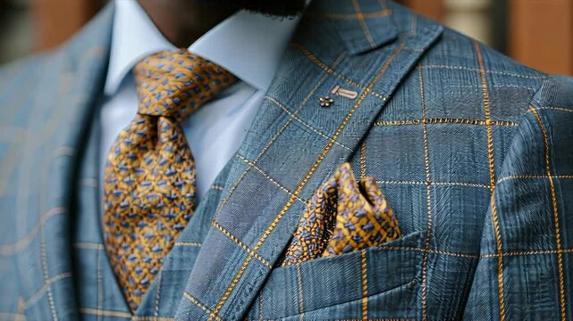 A close-up view of a blue plaid suit jacket with a yellow patterned tie