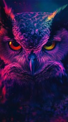 Majestic owl staring with intense gaze in neon lights