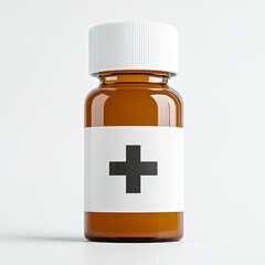 Obraz premium A clear glass bottle with a white cap, featuring a medical cross symbol, ideal for health and pharmacy themes.
