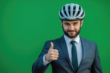 A confident businessman in a suit gives a thumbs-up while wearing a bicycle helmet, symbolizing eco-friendly commuting and modern professionalism against a vibrant green background