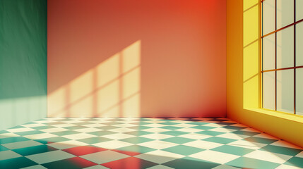 Brightly lit modern room with colorful walls, checkered floor, and large windows casting shadows in the afternoon light