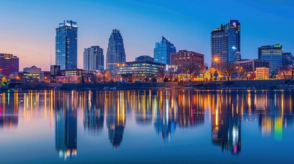 Naklejka premium Vibrant City Skyline Reflected on Water at Dusk