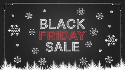 Naklejka premium Chalkboard Style Black Friday Sale Banner Snowflakes Pine Trees - Festive Holiday Promotion Retail Ecommerce Marketing