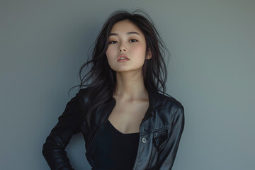 Obraz premium Asian fashion model in leather jacket, woman posing confidently in studio on gray background. Advertising banner.