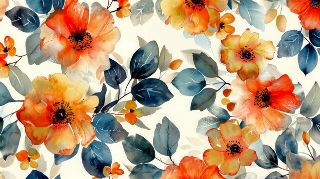 A watercolor painting depicts a floral pattern featuring orange and yellow flowers and blue leaves on a white background