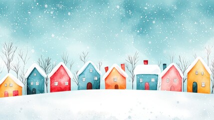 A snowy village scene clipart, winter holiday landscape, watercolor illustration, cozy houses, isolated on olive green background