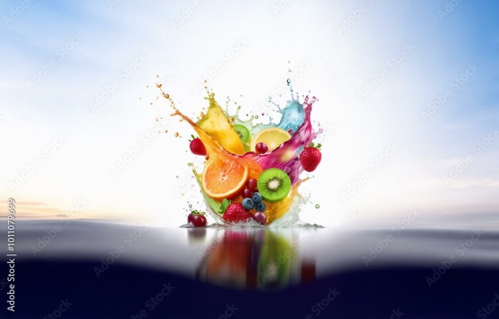 Poster Isolated colorful fruit splash on a white background with a reflection on a blue surface.