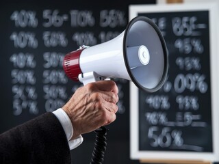 Hand Holding Megaphone Sales Promotion Chalkboard Background - Effective Marketing Communication Advertising Campaigns Business Promotions
