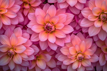 Obraz premium Lush pink dahlias create a vibrant backdrop. Close-up. Beautiful background of flowers. Advertising banner.