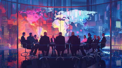 A business meeting in an international city where professionals from different nations are collaborating.