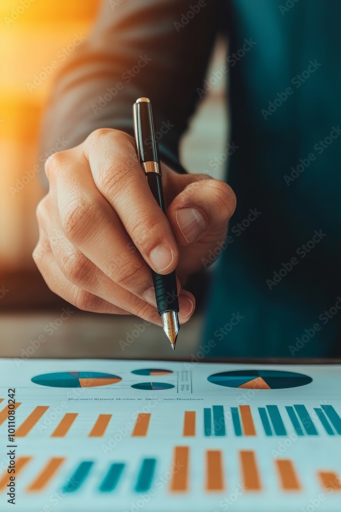 Poster a hand holding a pen, analyzing data charts and graphs on a document in a professional setting. focu