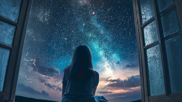 A woman sits by a window, gazing out at the night sky. The Milky Way is visible, and clouds are passing by