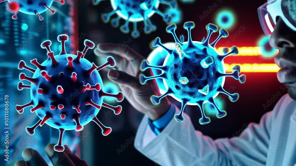 Poster a researcher analyzes intricate digital representations of viruses while working in a high-tech labo