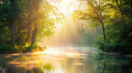 Obraz premium Serene Morning Light Over Tranquil Forest River