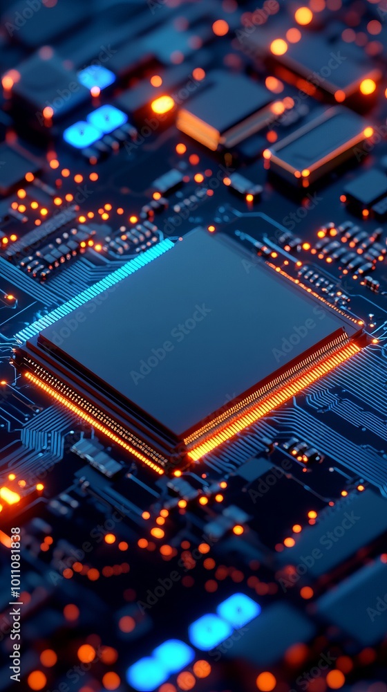 Poster cpu performing complex calculations with lights glowing on motherboard