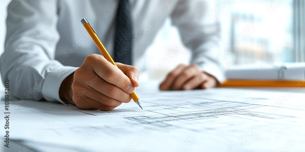 Poster architect sketching blueprints and innovative building designs with precision and creativity in a mo