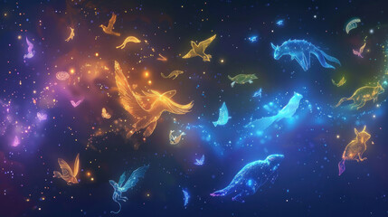 A collection of common dream symbols like animals, flying, and falling, each glowing and interconnected in a night sky.