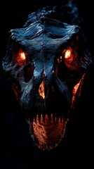 Naklejka premium Tyrannosaurus rex skull glowing in the dark with sharp teeth