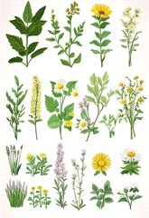 Naklejka premium Cartoon calendula, chamomile, aloe, mint leaf. Assorted green plants