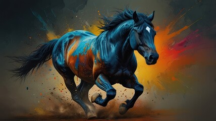 A black horse runs across a dark background with colorful paint splatters.