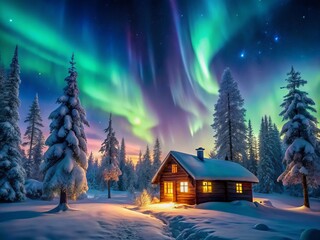 Fototapeta premium Enchanting Northern Lights dance over a serene winter forest, casting a glow on a cozy house nestled under