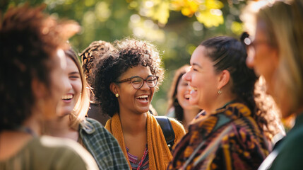 A community celebration where people from various racial backgrounds are sharing stories and experiences.