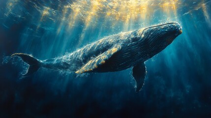 Fototapeta premium Majestic humpback whale swimming in sunrays underwater