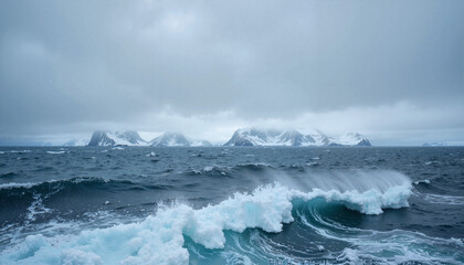Ocean waves rolling towards icy shores with snow-covered islands in the distance