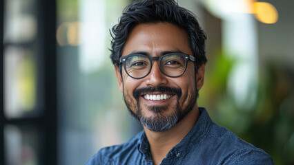 Fototapeta premium Indigenous Native Man Architect - man, glasses, smiling, casual, portrait, beard, joyful, indoor, professional, confident, happy, mature, close-up, positive, friendly, denim shirt