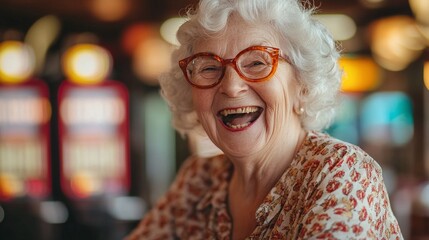happy senior woman playing bingo with excitement and joy smiling and enjoying a fun and entertaining social activity in a community setting perfect for elderly ladies who love playing games