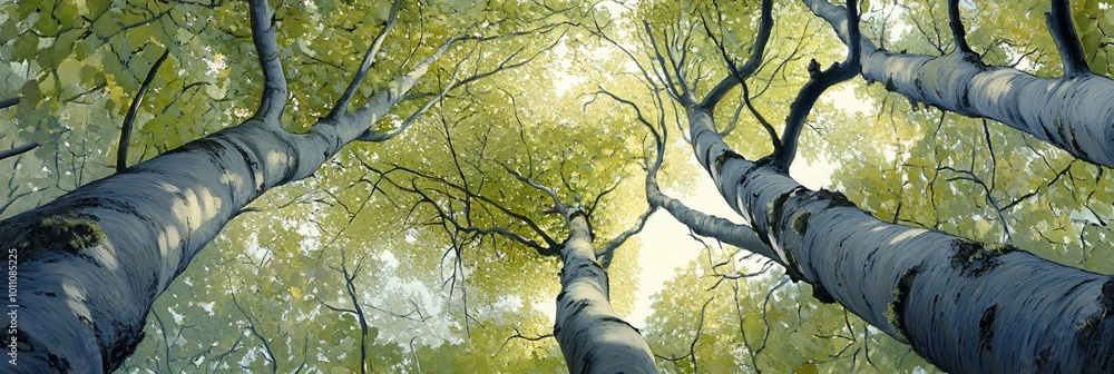Aufkleber looking up at the branches and trunk of a birch tree in a forest.