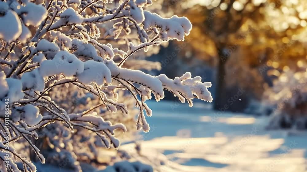 Poster a snow covered tree branch with snow on it. the sun is shining through the snow and casting a warm g