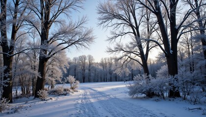 Frosty winter path surrounded by trees in a serene landscape at sunrise