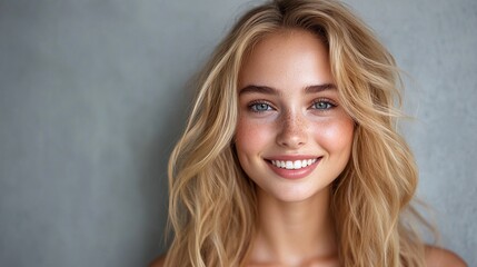 beautiful blond young woman smiling in a professional headshot looking directly at the camera on a gray background highlighting confidence and elegance in a stylish modern portrait