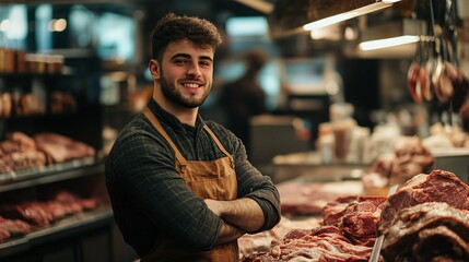 Naklejka premium young smiling butcher working at the meat counter in a butcher shop offering fresh meat to customers and showcasing his professional expertise and customer service in the retail food industry
