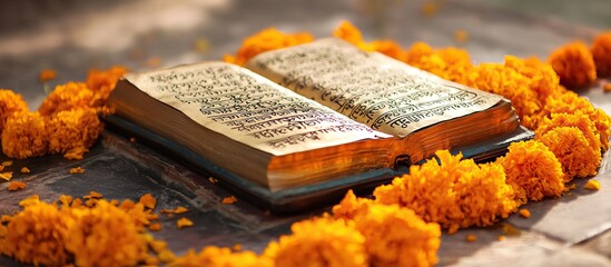 Holy Book with Marigold Flowers