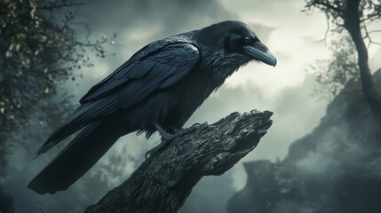 Naklejka premium Raven perched on branch in dark and misty forest