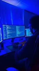 A software developer working late at night, focused on coding with code projection and data visualization in the background