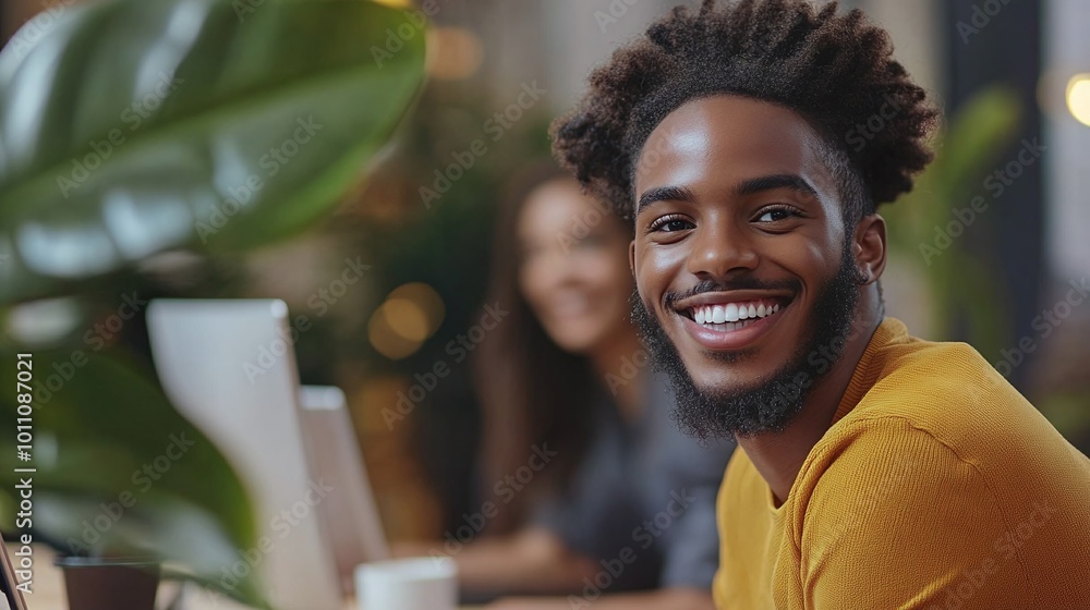 Poster smiling office employees using a computer camera to interact with remote coworkers during a virtual 