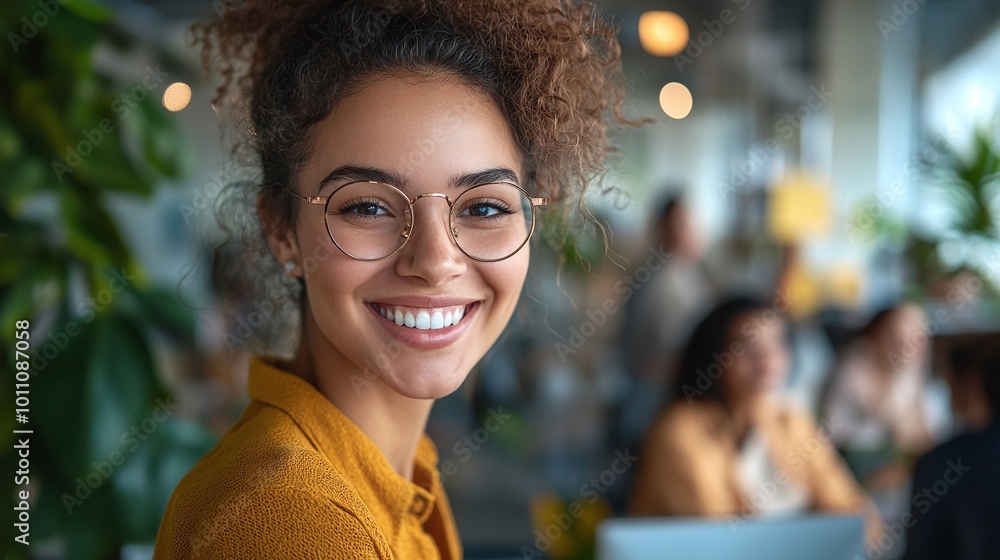 Poster smiling office employees using a computer camera to interact with remote coworkers during a virtual 