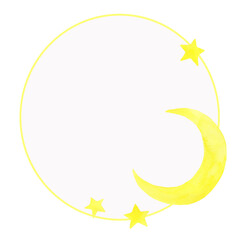 Card with circle and yellow crescent and stars. Watercolor hand drawn illustration isolated on white background. For design, posters, cards, postcards
