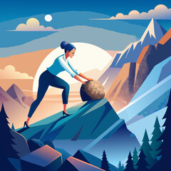 Effort and hard work. businesswoman pushing a stone to the top of the mountain stock illustration