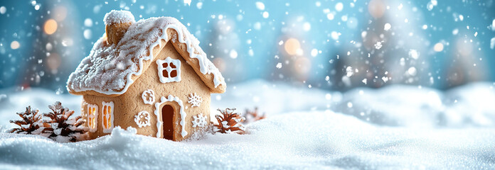 A simple gingerbread house covered in icing sits on a snowy landscape with snowflakes falling in the background, evoking a cozy and whimsical holiday atmosphere.