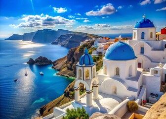 Fototapeta premium Experience the breathtaking beauty of Santorini Island, where iconic white buildings meet crystal blue waters, creating