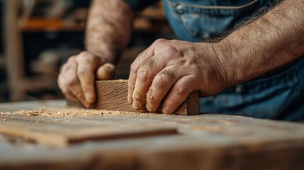 Craftsman's Hands Sanding Wood Close Up